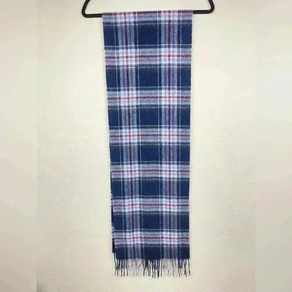 MONOPRIX Unisex One Size 100% Wool Fringe Scarf Blue Plaid Minimalist Essentials - Picture 13 of 13
